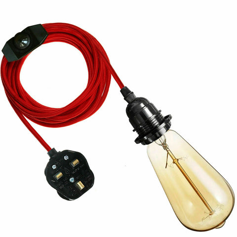 4m Fabric Cable UK Red Plug In Pendant Lamp Bulb Holder switch~3752
