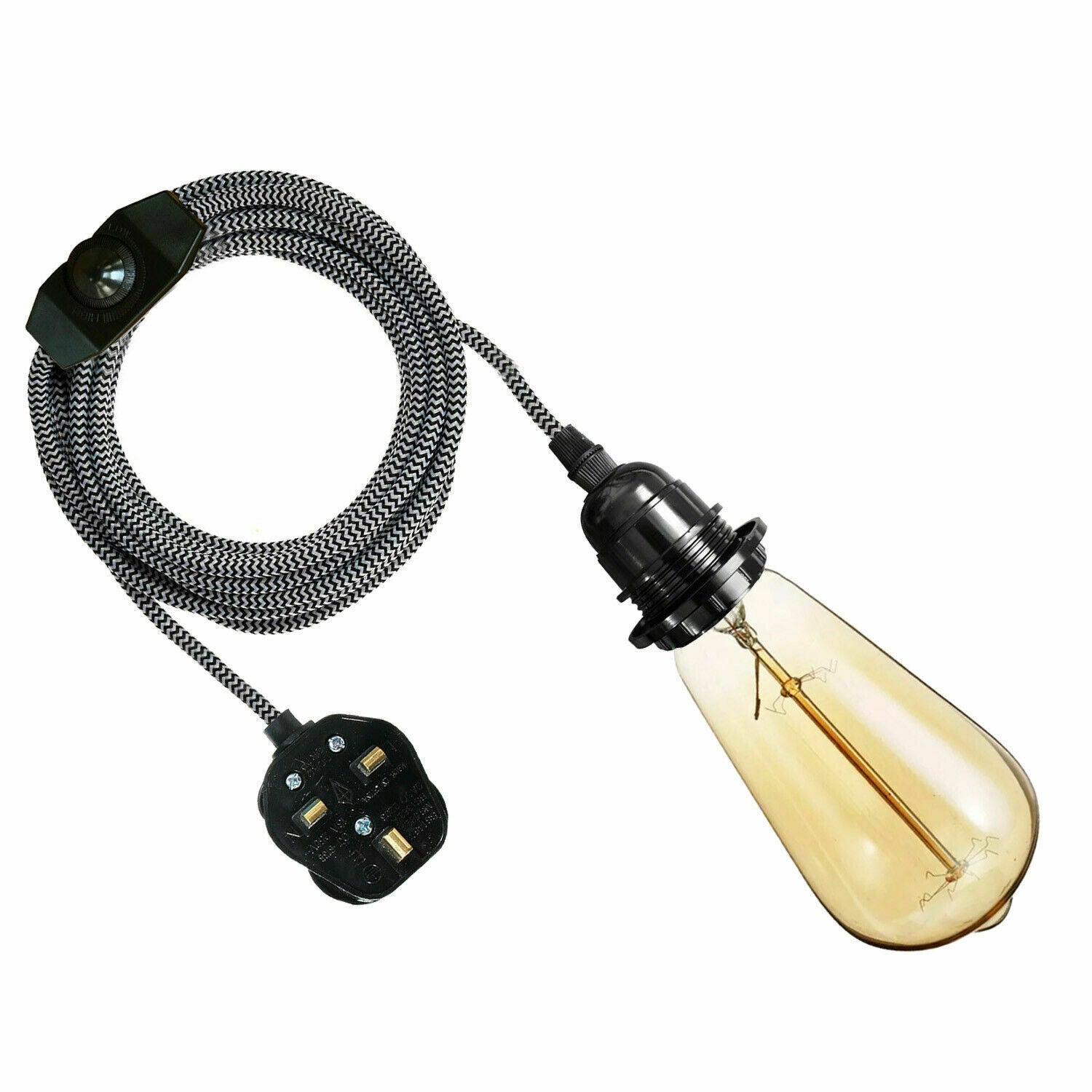 4M Fabric Flex Cable UK Black & white colour Plug In Pendant Lamp Light Set E27 Bulb Holder+ switch~3751 - LEDSone UK Ltd
