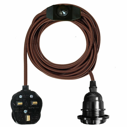 4M Fabric Flex Cable UK Broun colour Plug In Pendant Lamp Light Set E27 Bulb Holder+ switch~3750 - LEDSone UK Ltd