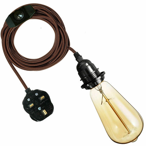 4M Fabric Flex Cable UK Brown colour Plug In Pendant Lamp Light Set E27 Bulb Holder+ switch~3750