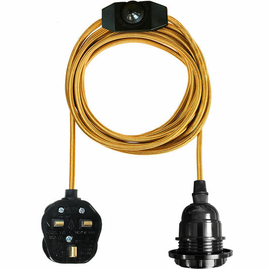4M Fabric Flex Cable UK Gold colour Plug In Pendant Lamp Light Set E27 Bulb Holder+ switch~3749 - LEDSone UK Ltd