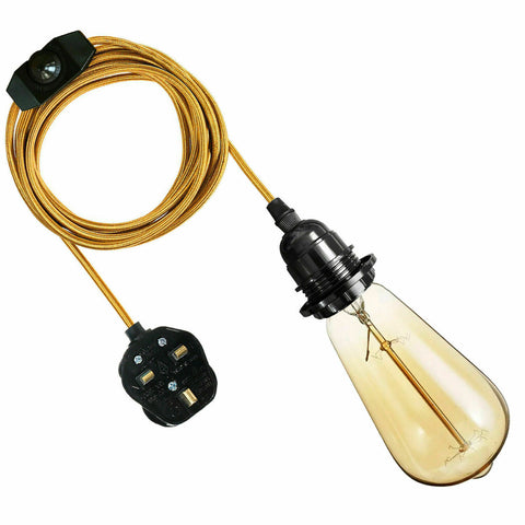 4M Fabric Flex Cable UK Gold colour Plug In Pendant Lamp Light Set E27 Bulb Holder+ switch~3749