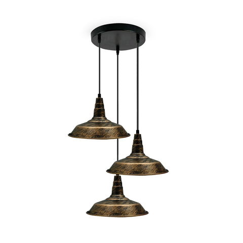 Industrial Vintage 3 head Lights Pendant Round Ceiling Light 26cm Bowl Shade Brushed Copper~3743