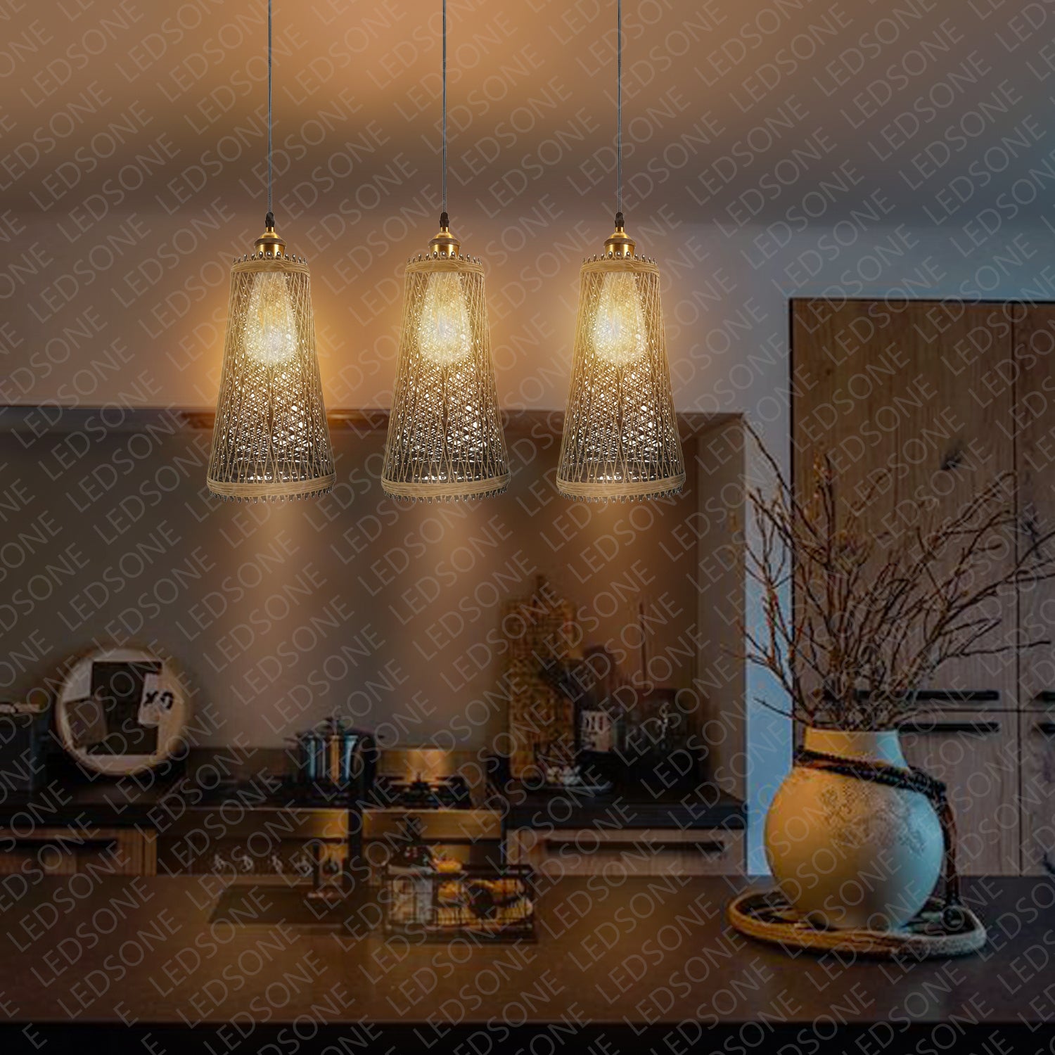 Natural Rattan Style Ceiling Pendant Light Shade E27 Base Handmade Chandeliers Hanging Lights 