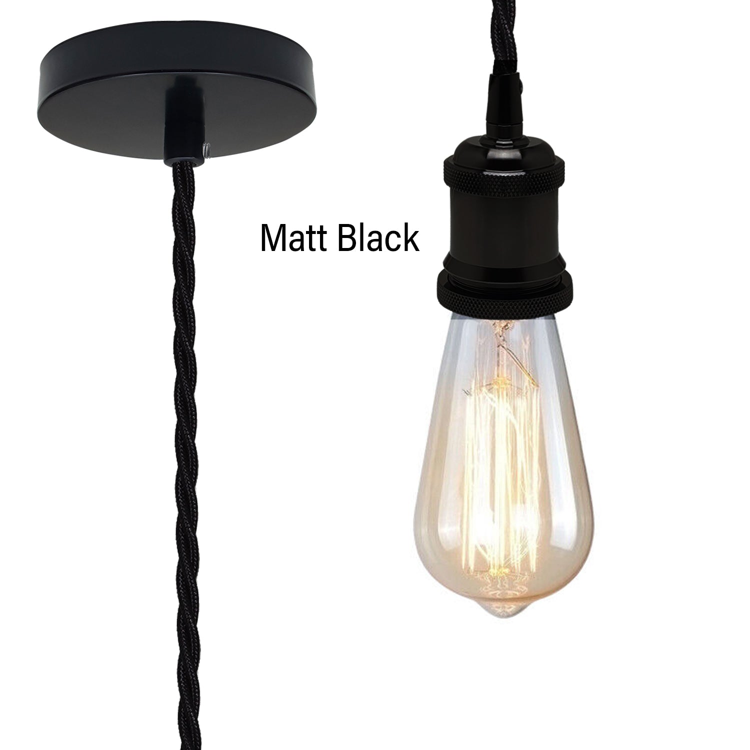 Matt Black Vintage Metal Ceiling Light Fitting Black Twisted Braided Flex 2m E27 Lamp Holder Suspended Pendant Light Fitting Kit for Indoor Lightings