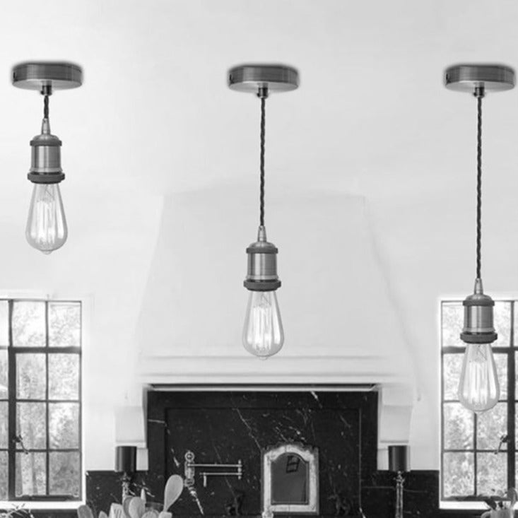 Satin Nickel Vintage Metal Ceiling Light Fitting Black and White Twisted Braided Flex 2m E27 Lamp Holder Suspended Pendant Light Fitting Kit for Indoor Lightings