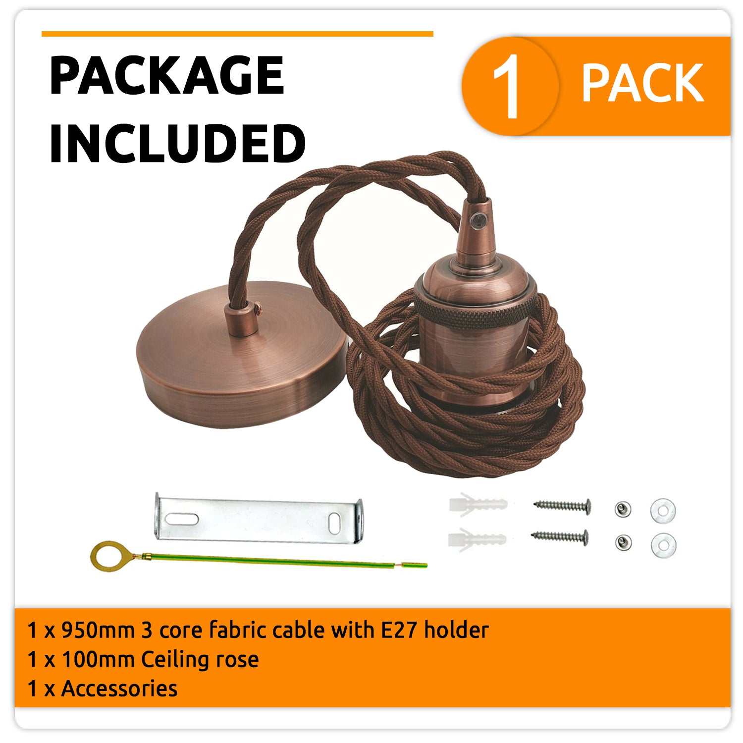 Copper Vintage Metal Ceiling Light Fitting Brown Twisted Braided Flex 2m E27 Lamp Holder Suspended Pendant Light Fitting Kit for Indoor Lightings