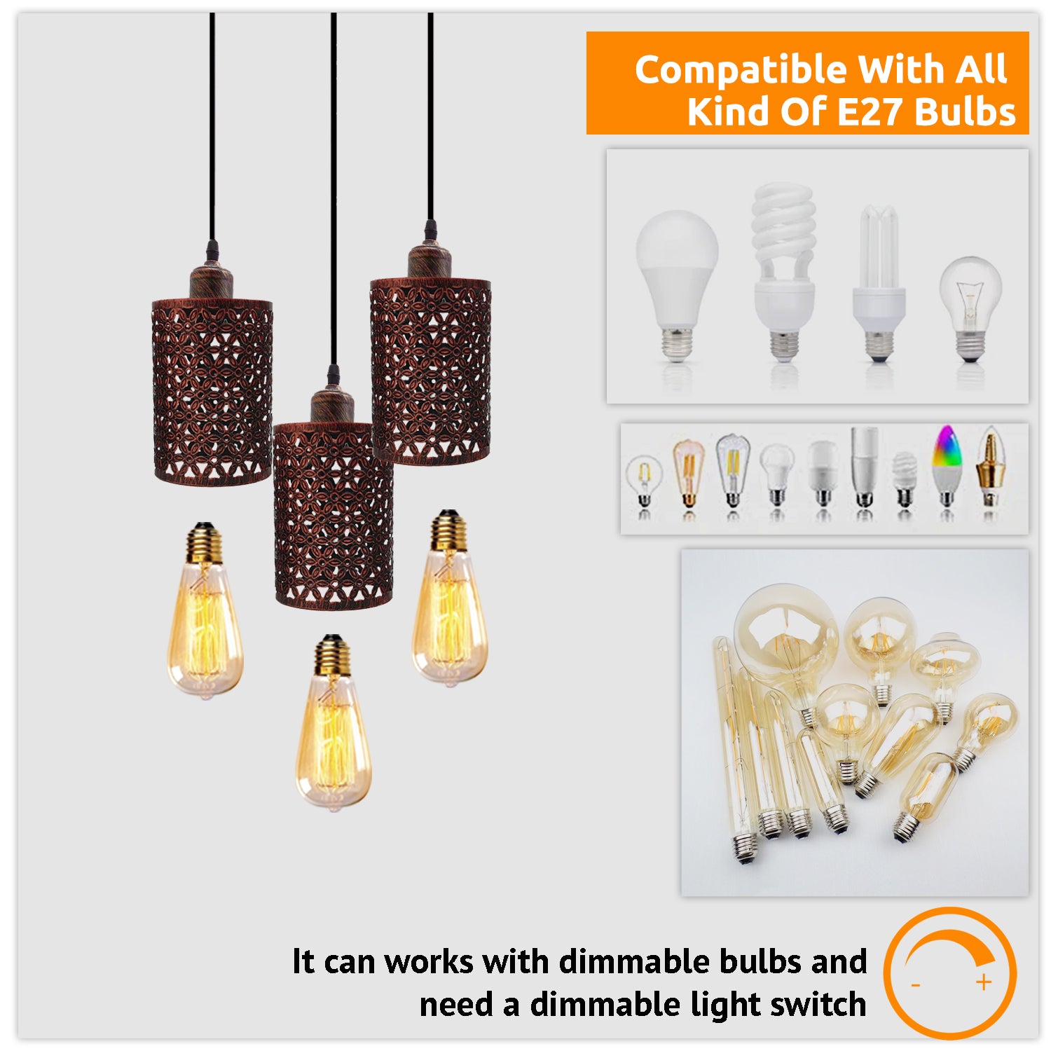 you can use dimmable bulb  E27 ceiling pendant light