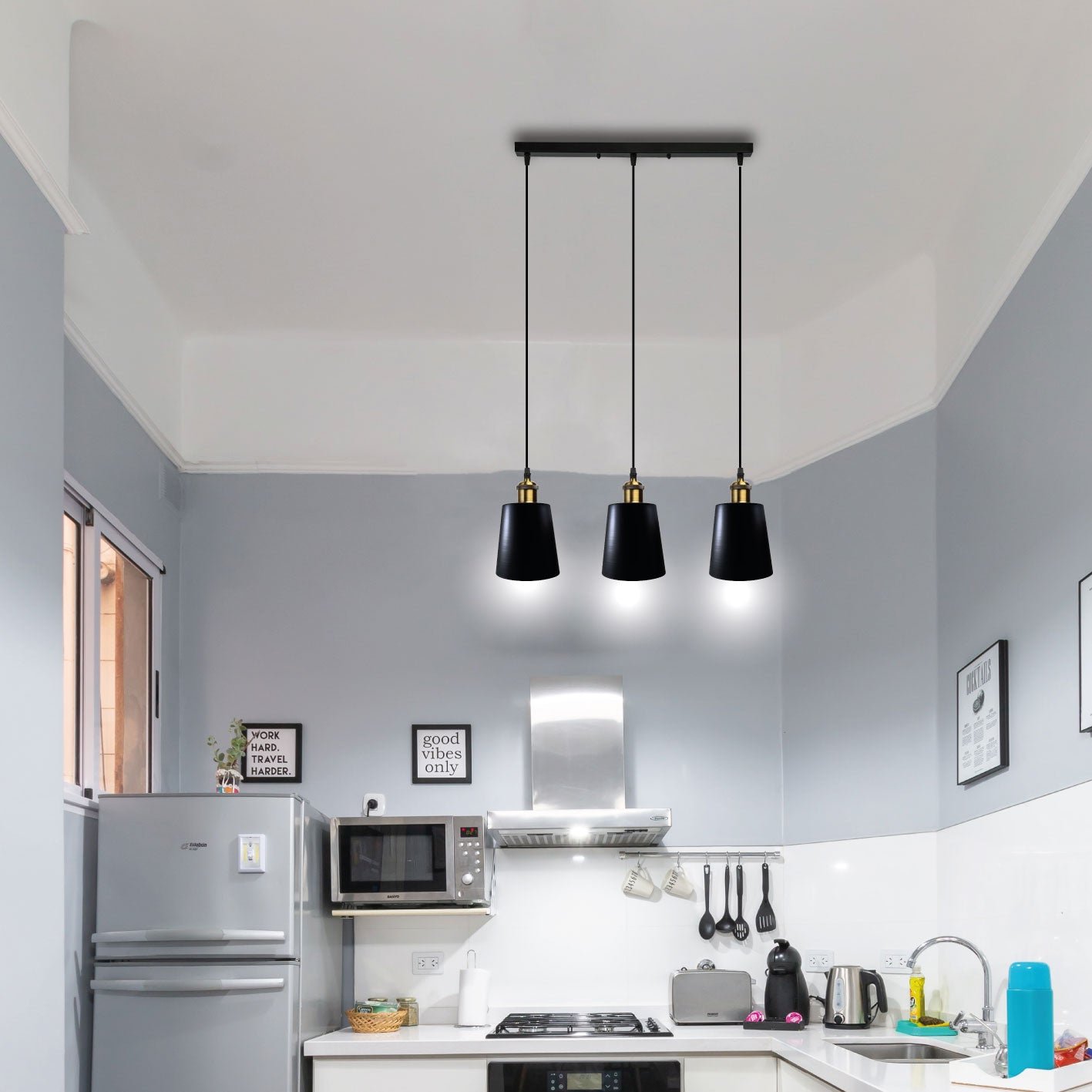 3 Head Black Vintage Industrial Ceiling Hanging Light Shade Loft Style Metal Ceiling Pendant Lamp for Kitchen, Living Room, Dining Room E27 UK