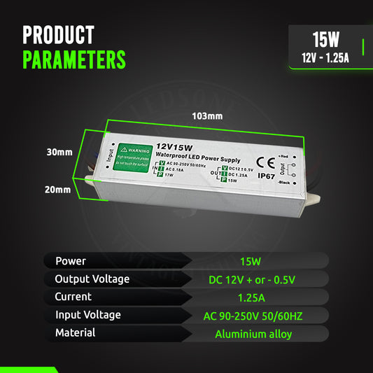 12V 15W IP67 LED Driver - Product Parameters