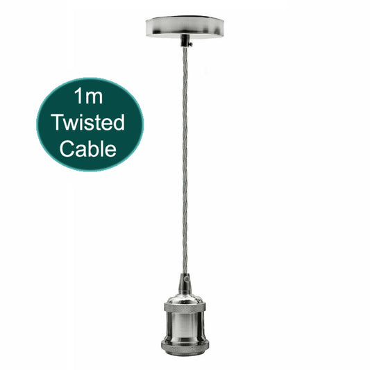 1m Grey Twisted Cable E27 Base Chrome Holder~1711 - LEDSone UK Ltd
