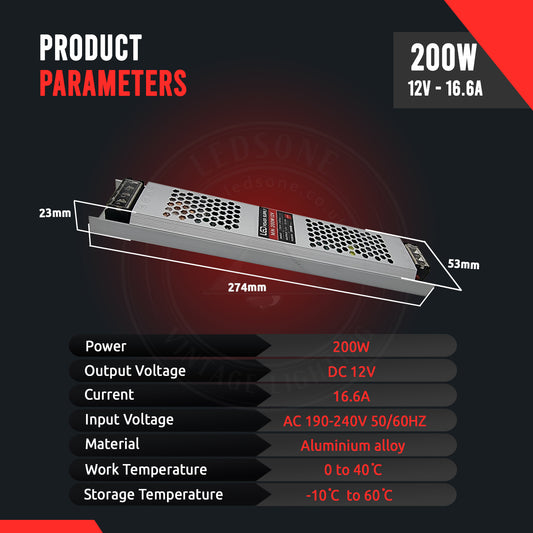 DC12V 200W Ultra Slim LED Driver Power Supply Transformer 240V for LED Strip~2355