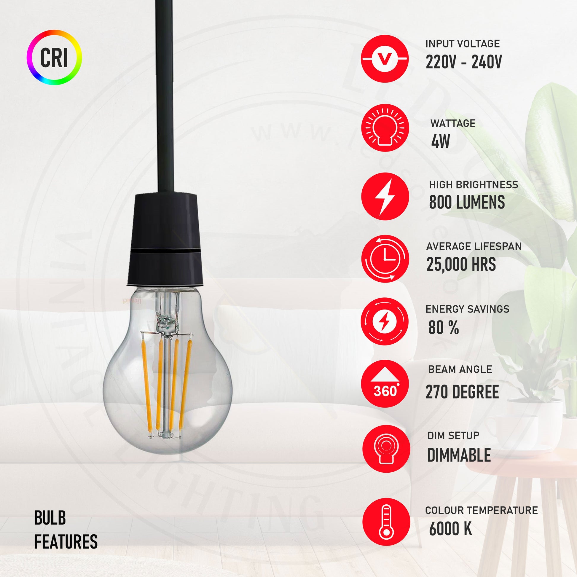 A60 B22 4W Dimmable Light Bulb Vintage Filament Classic LED~3079