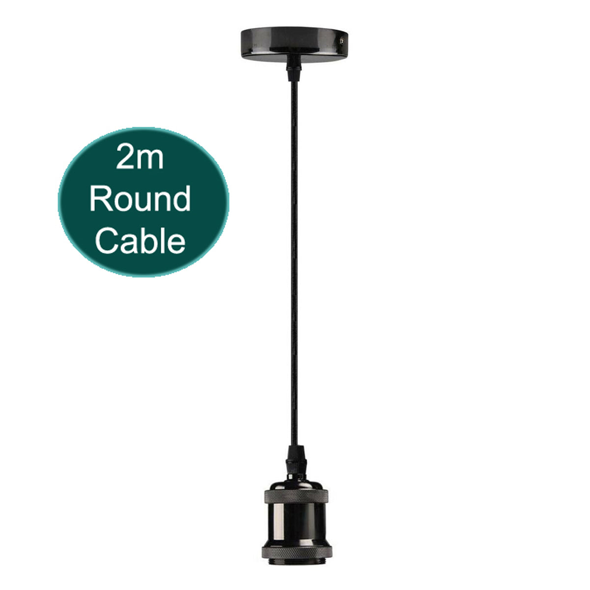 2m Black Round Cable E27 Base Shiny Black Pendant Holder~1725 - LEDSone UK Ltd