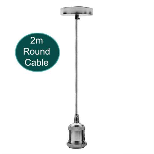 2m Grey Round Cable E27 Base Chrome Holder~1719 - LEDSone UK Ltd