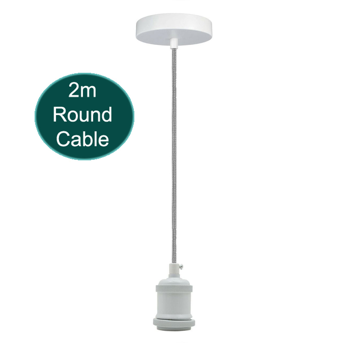 2m Grey Round Cable E27 Base White Pendant Holder~1726 - LEDSone UK Ltd