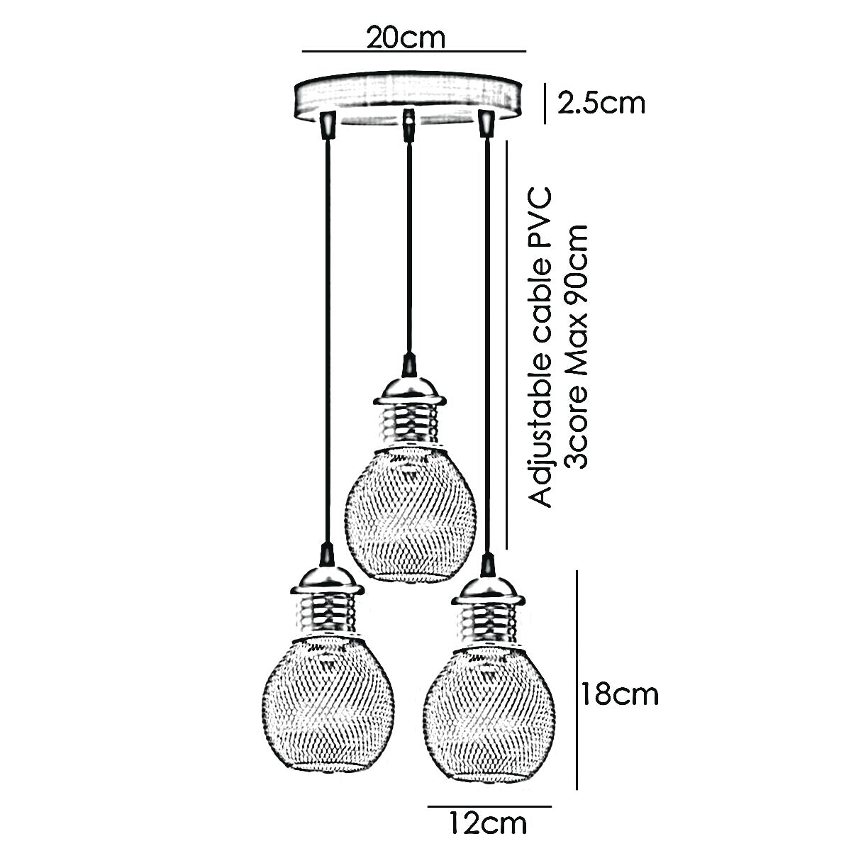 3 Way Pendant Light Wire Cage size