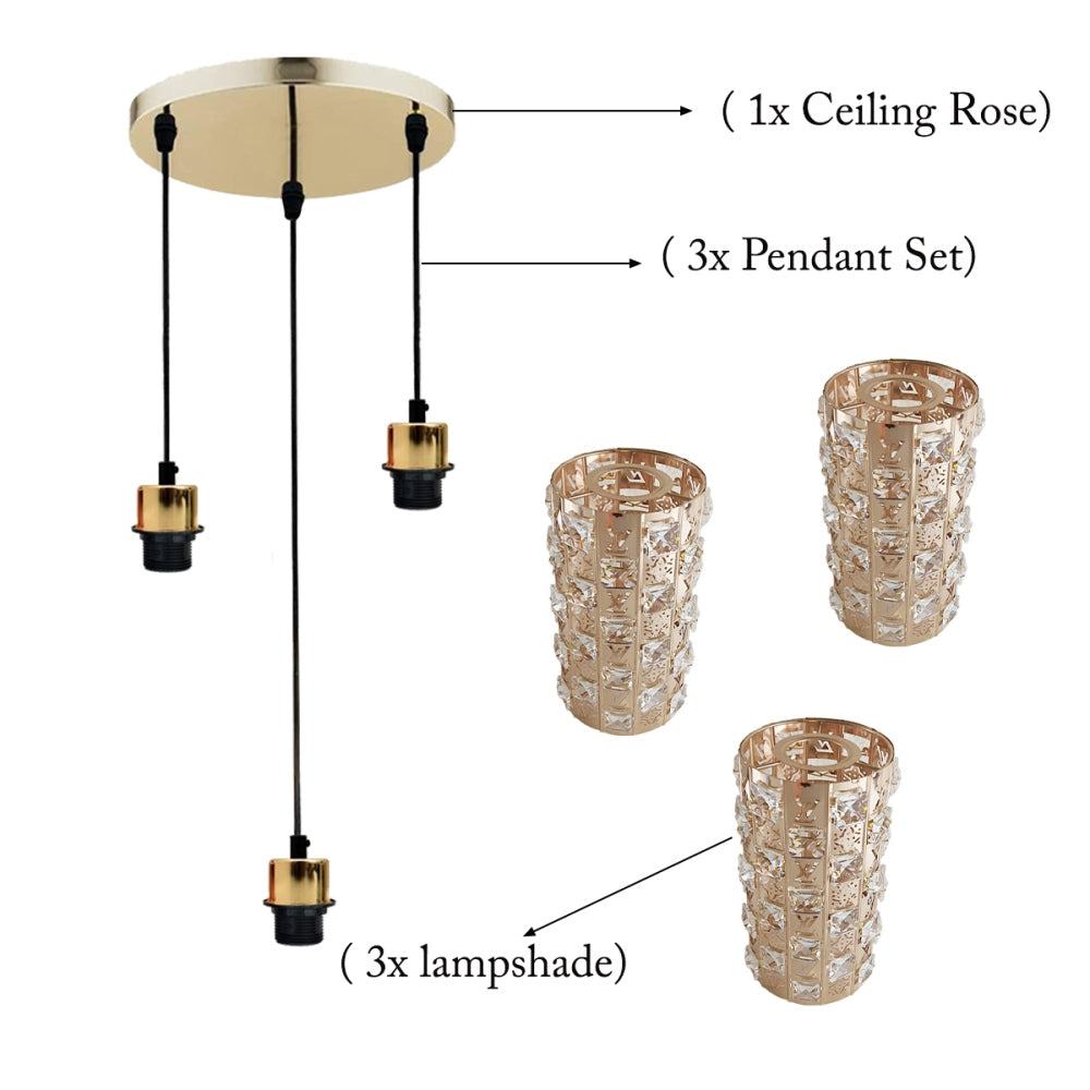 3 Outlet Pendant Ceiling E27 Crystal Glass Drum Light Shade~1608 - LEDSone UK Ltd