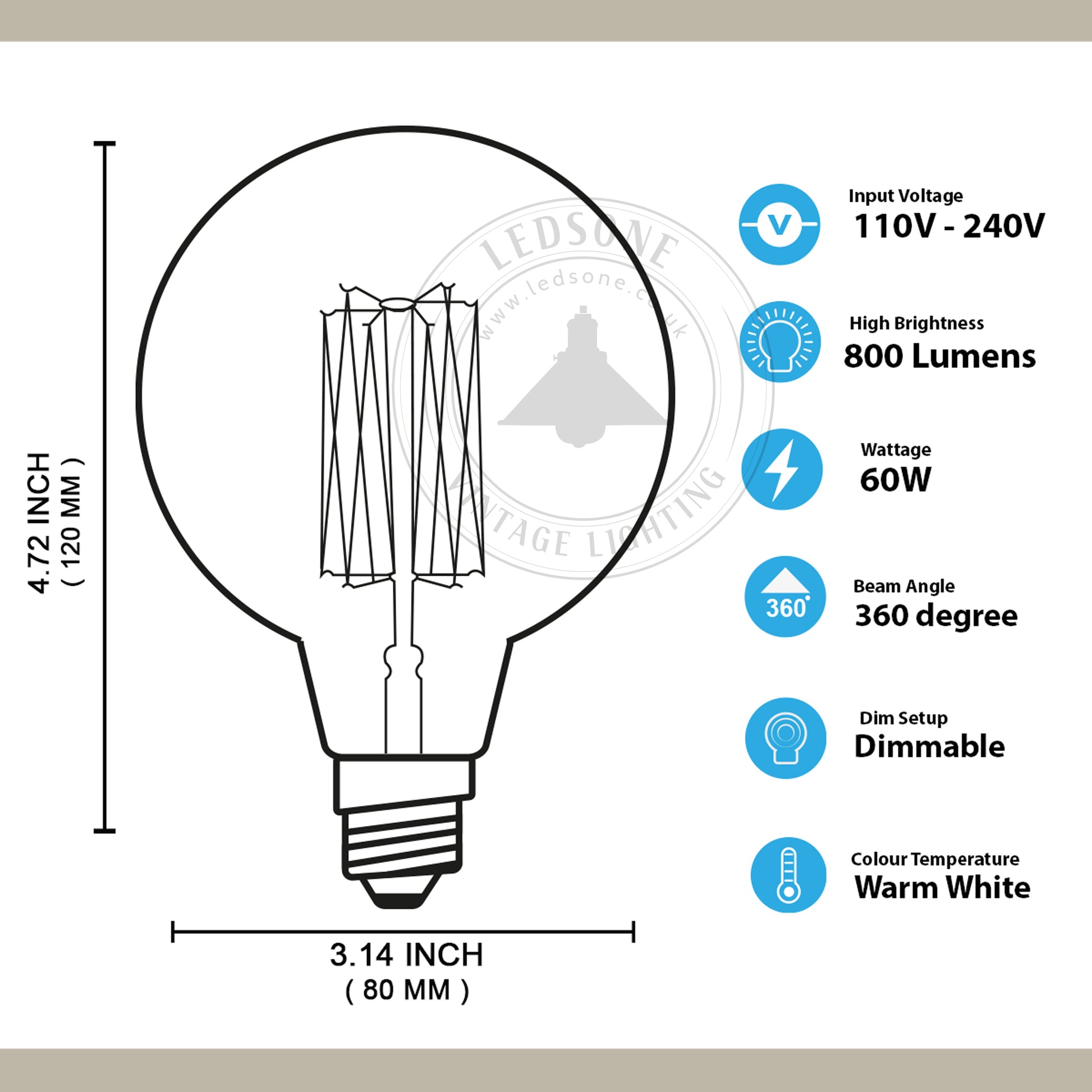 E27 G80 60W DimmableGlobe Industrial Vintage Filament Bulb~3245