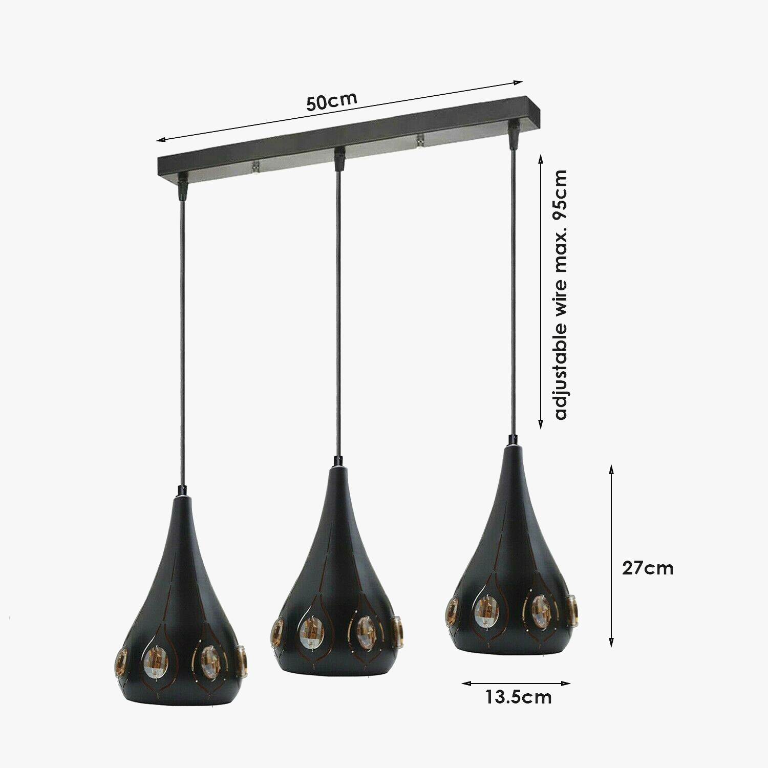 Modern Retro Industrial Crystal Ceiling Light Black Shade 3Head Hanging Pendant Lights~3649 - LEDSone UK Ltd