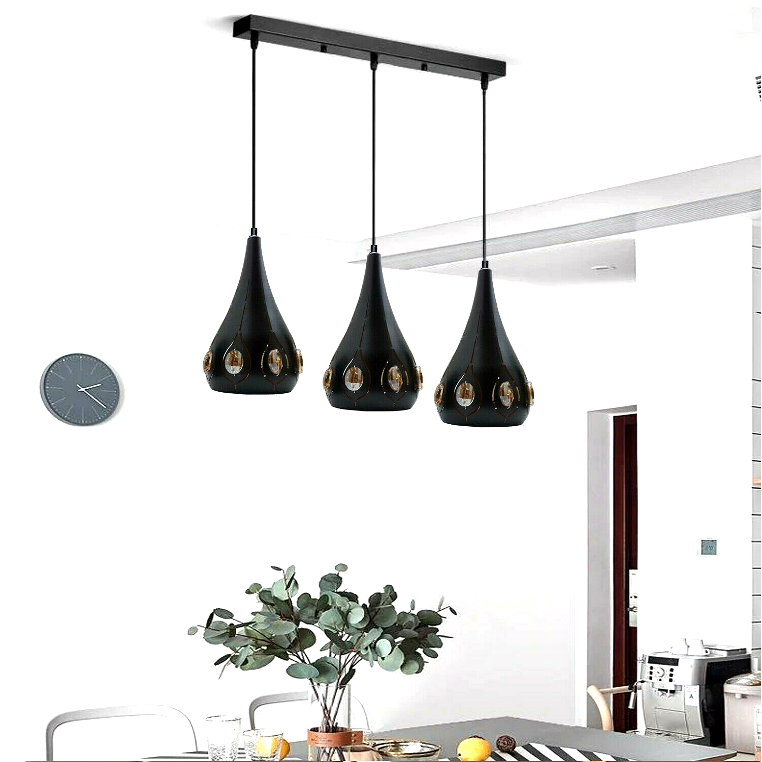 Modern Retro Industrial Crystal Ceiling Light Black Shade 3Head Hanging Pendant Lights~3649 - LEDSone UK Ltd