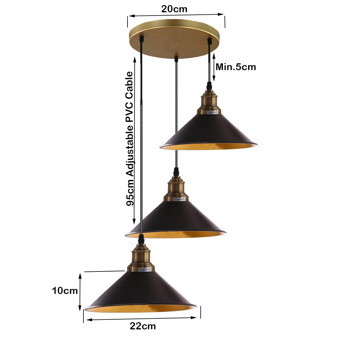 3 Lights Hanging Chandelier With Adjustable Cable With Black Shade~1518 - LEDSone UK Ltd