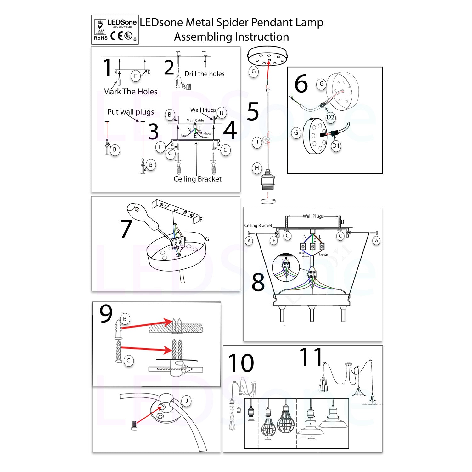 2m Pendant Light Cage Retro Industrial Ceiling Light Spider Lamp - Instruction Image
