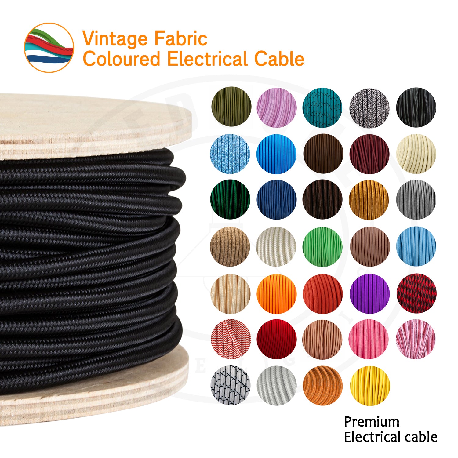 Vintage 2core Electric 5m round cable covered with coloured fabric textile Cable~4089