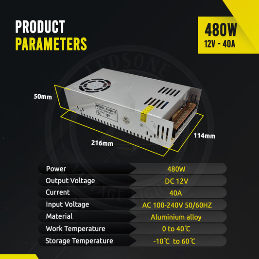 AC 100/240V to DC12V 480W Regulated Switching Power Supply Driver ~3350