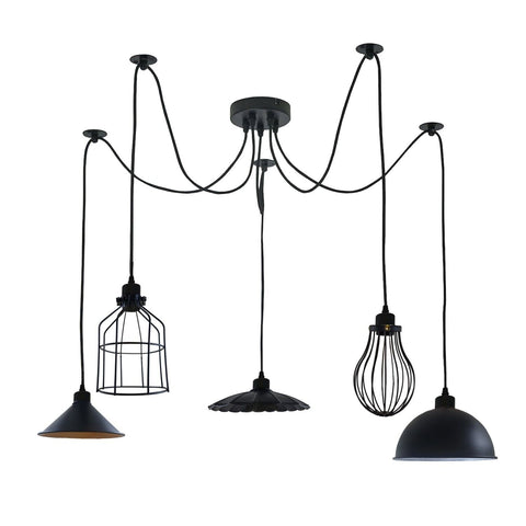 Black Pendant Light 5-Way Spider Chandelier - Vintage Industrial Ceiling Light ~3671