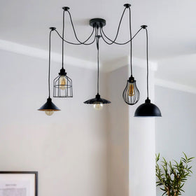 Black Pendant Light 5-Way Spider Chandelier - Vintage Industrial Ceiling Light ~3671