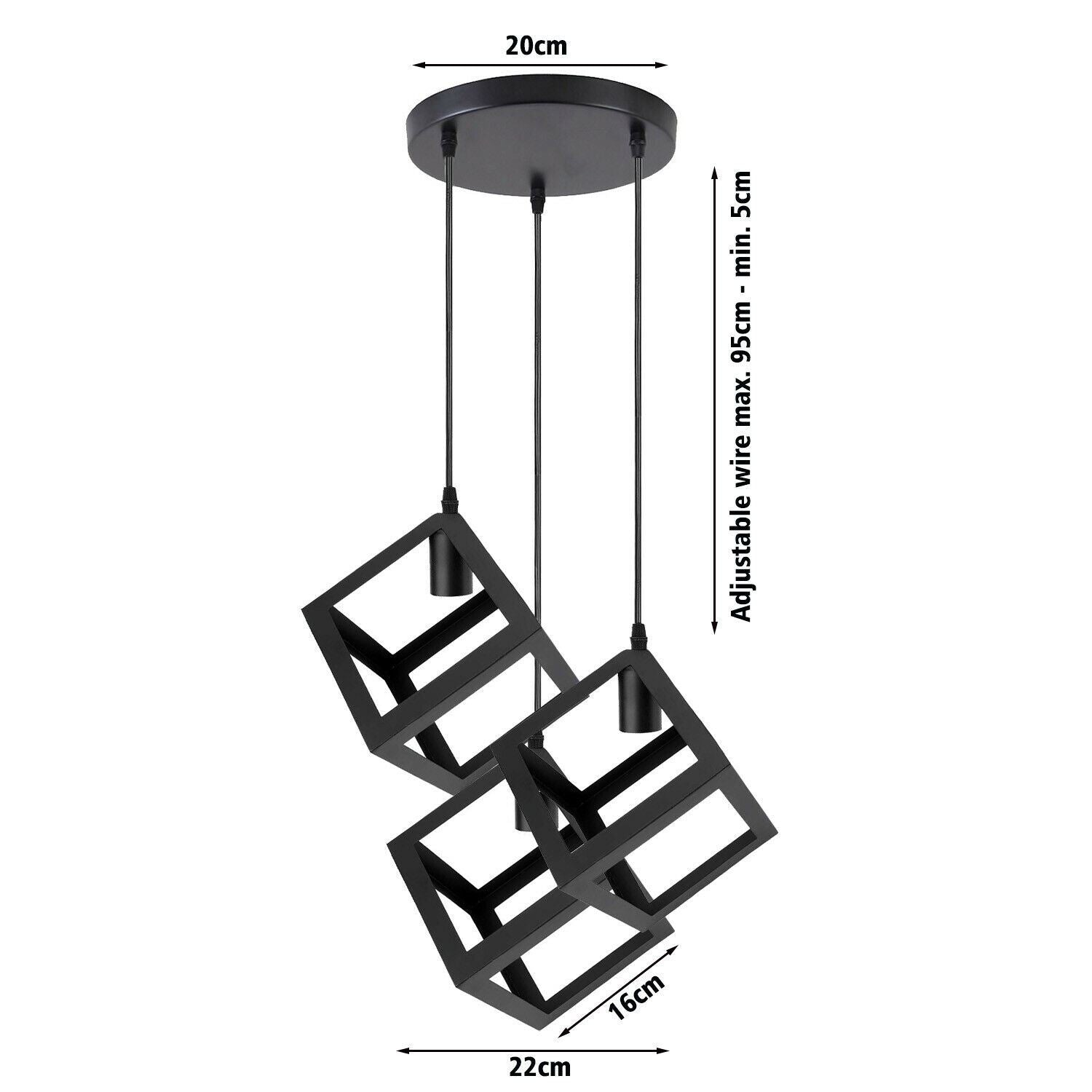 Vintage Industrial 1/3 Light Black Square Cluster Pendant Light Fitting~1256 - LEDSone UK Ltd