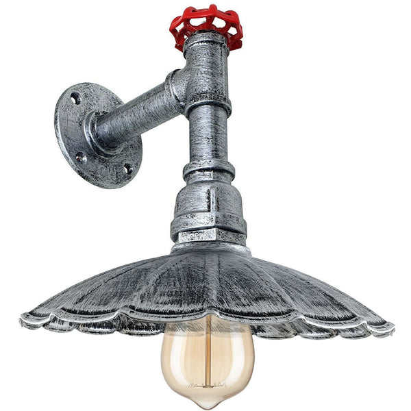 Vintage industriële pijpwandlamp met parasolkap ~1250 – Geborsteld zilver / Met lamp