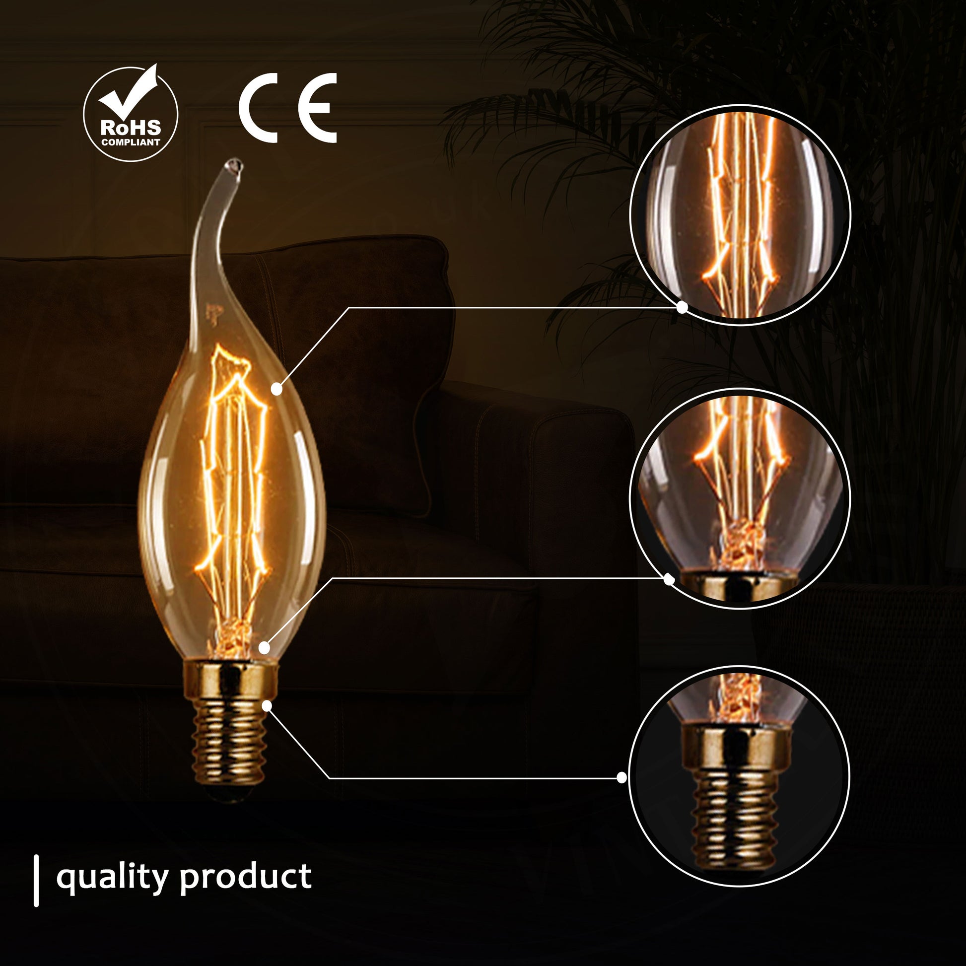 C35 E14 40W Dimmable Bent Candle Vintage Tip Bulb 4071