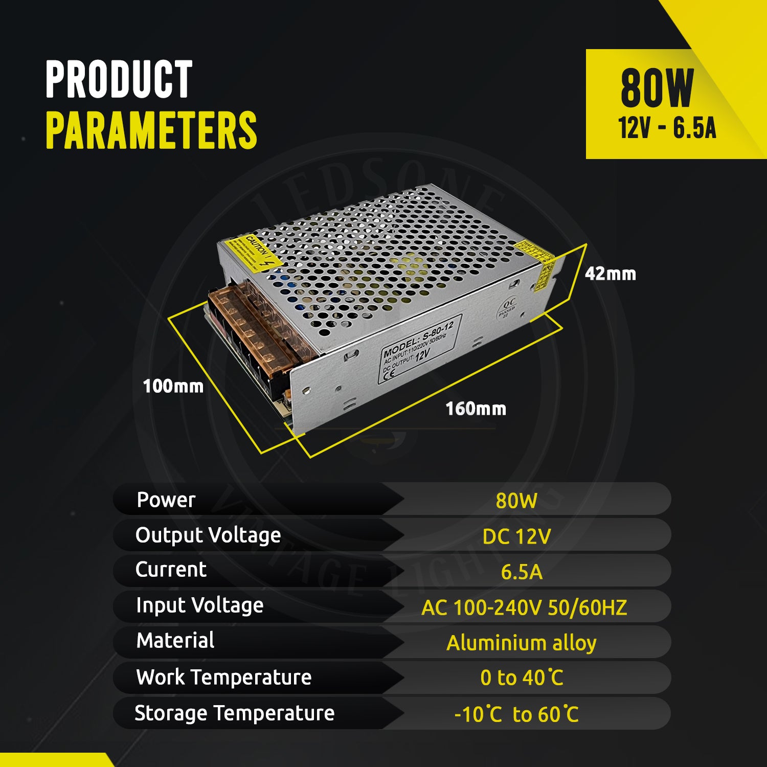 12V LED Driver 80W 6.6A Power Supply 240V AC to 12V DC IP20 Transformer ~3341