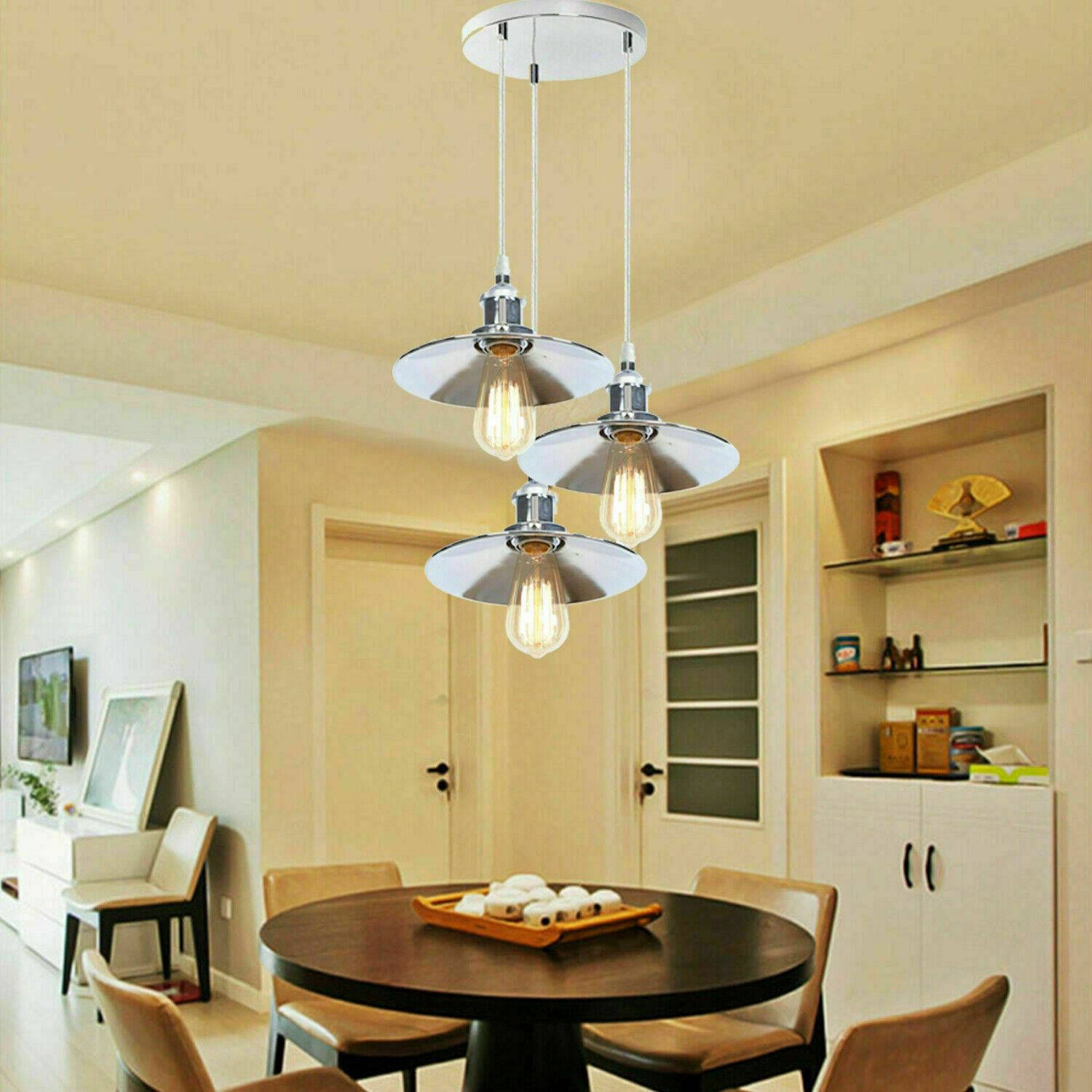 3 Head Pendant Hanging Light Polished Chrome Metal Flat Lamp Shade - Application Image 1