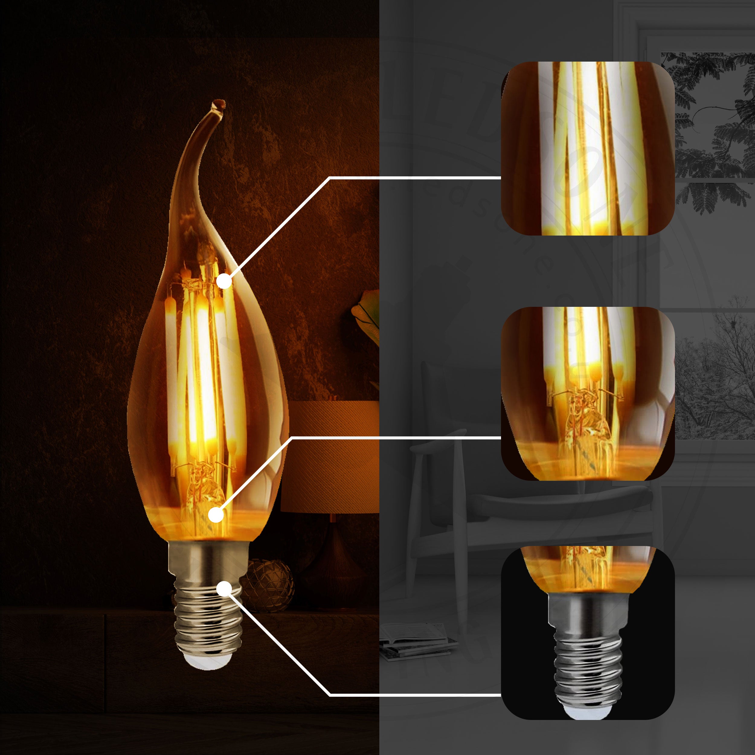 C35 E14 4W LED Dimmable Bent tip Vintage Flame Candle Light Bulb