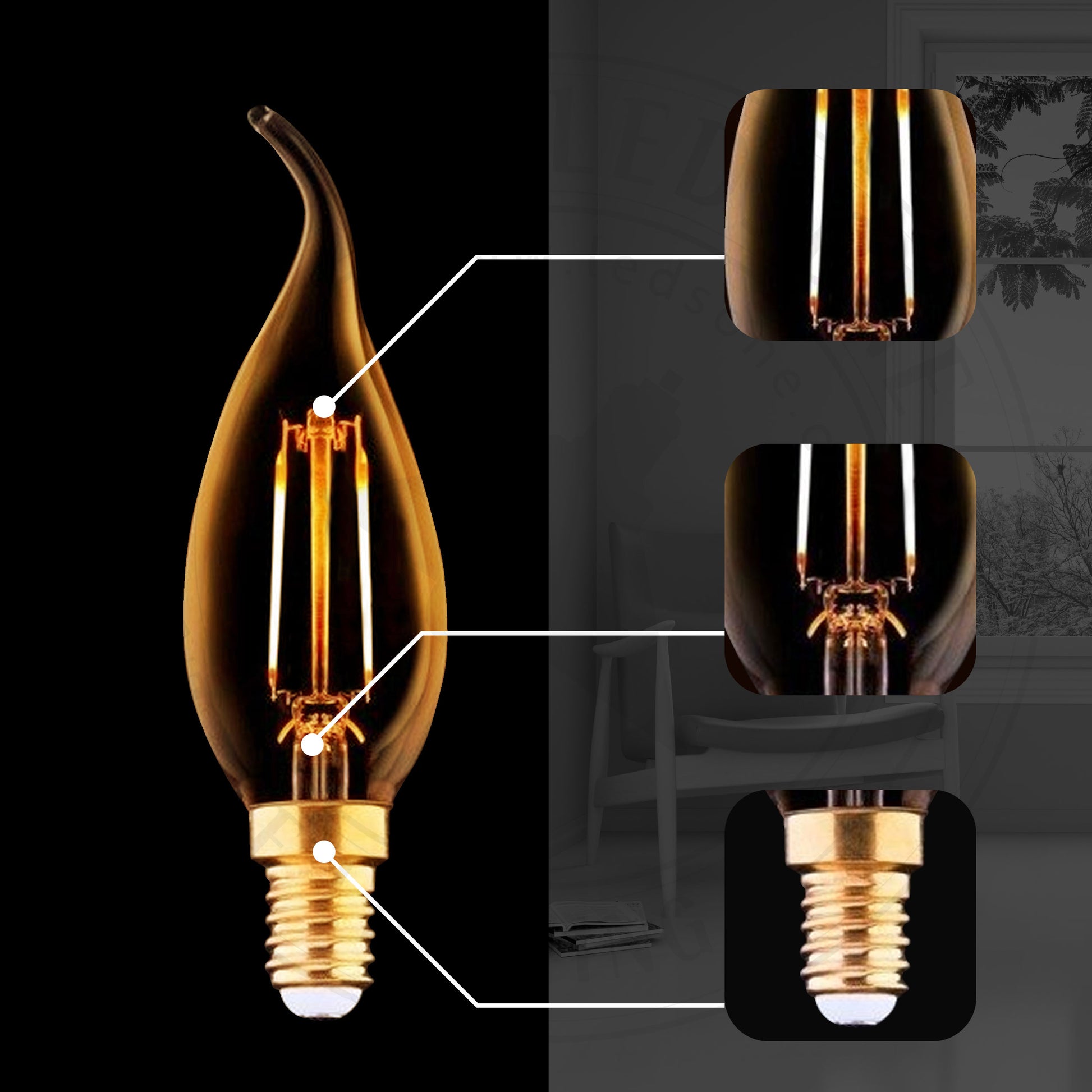 C35 E14 2W Dimmable Bent Candle Vintage tip LED Flame Light Bulb-Details