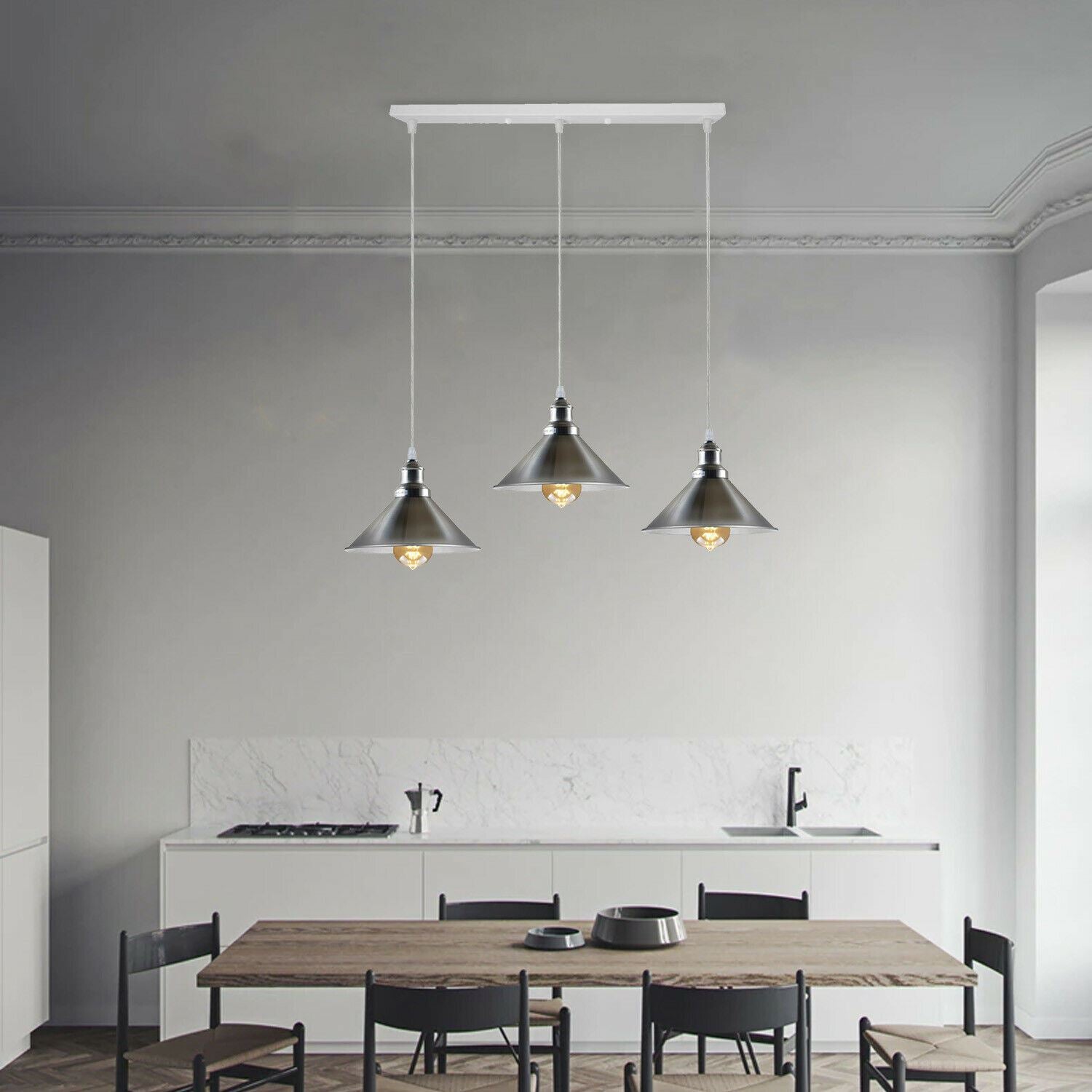 Modern Industrial Satin Nickel Indoor Hanging 3 Way Ceiling Pendant Light Metal Cone Shape Shade For Bar, Bedroom, Dining Room~1178 - LEDSone UK Ltd