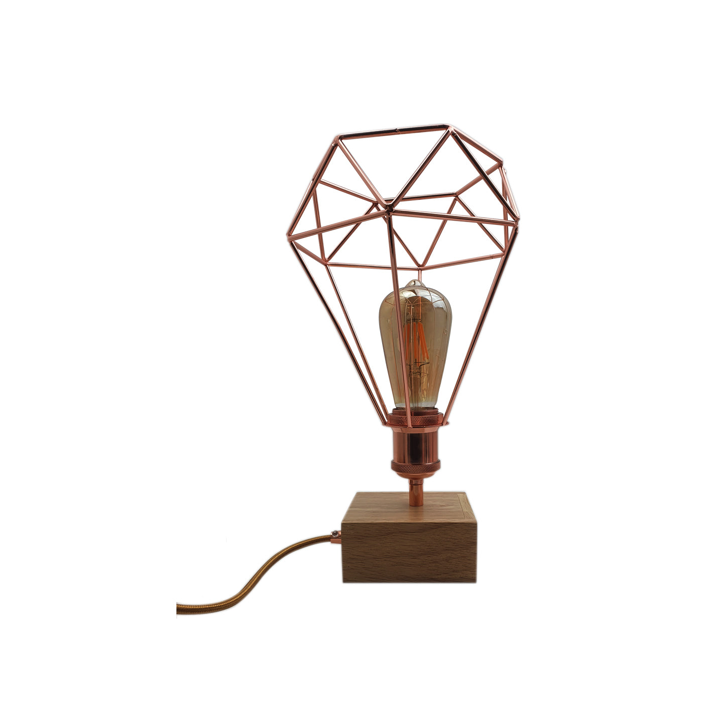 Diamond Shape wire cage pendant Light Wooden base Table desk Lamp