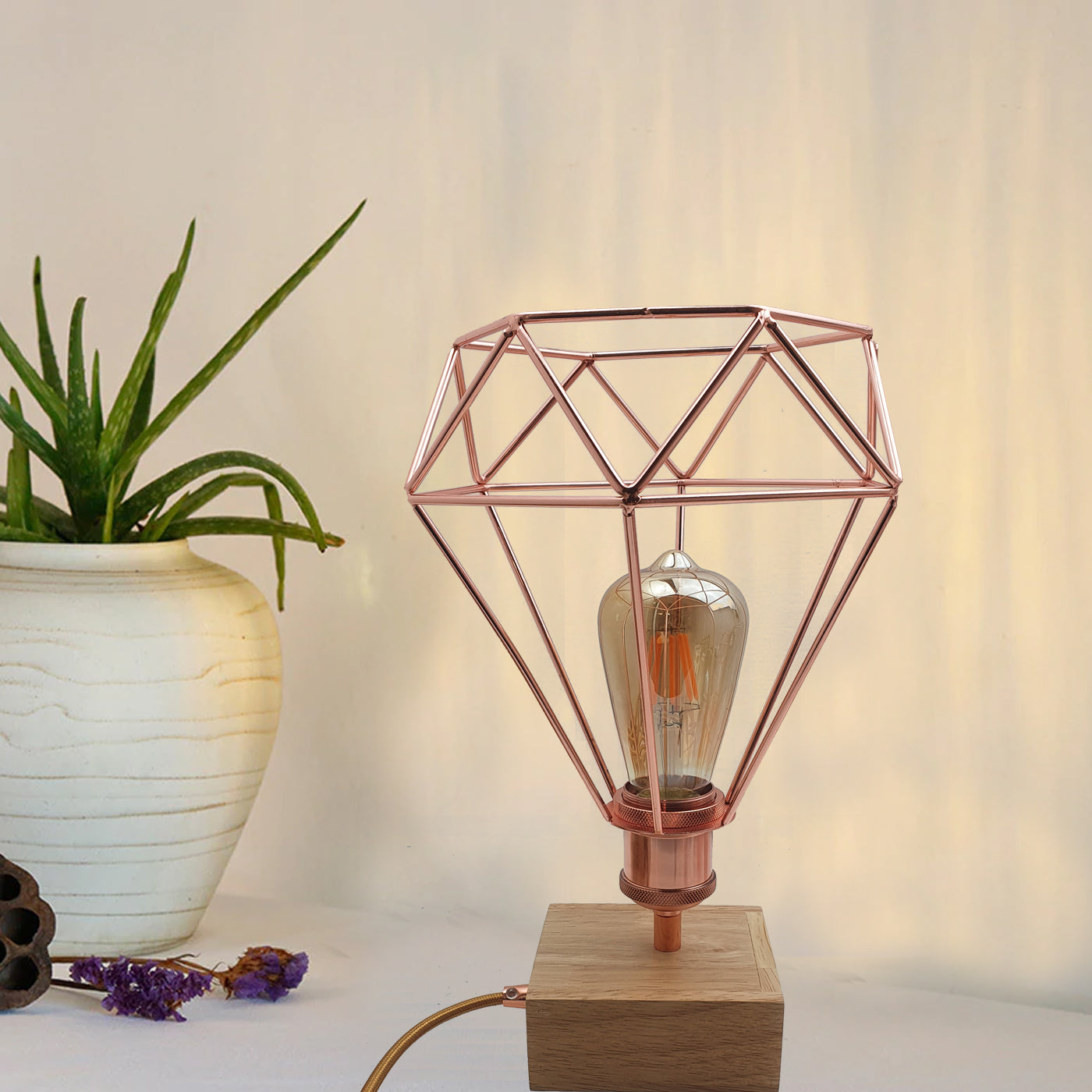 Metal wire cage wooden base Desk Table Lamp Light
