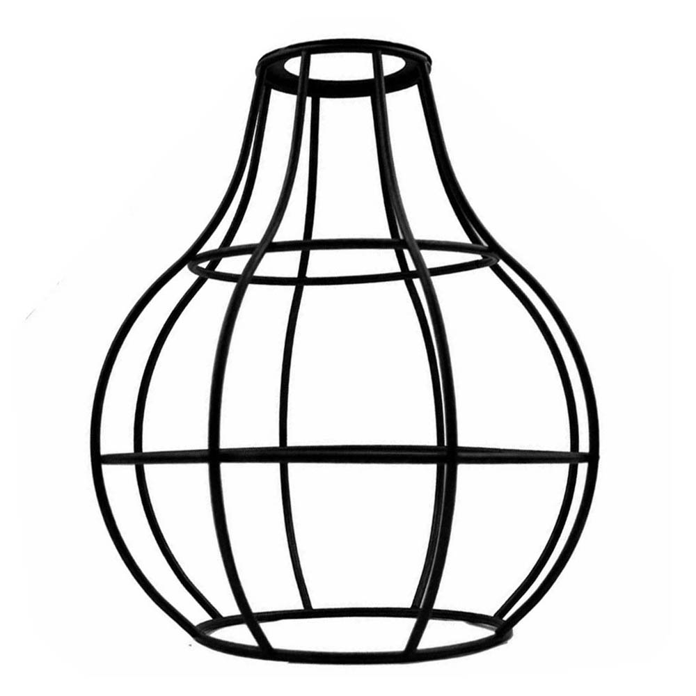 Black metal cage lampshade fitted with a vintage LED filament bulb showing light effect