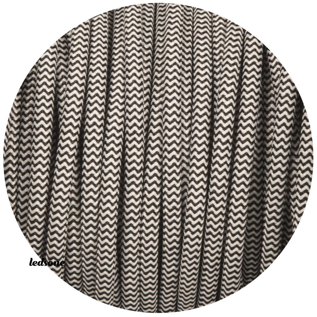 3 core Round Vintage Braided Fabric Black and White Cable Flex 0.75mm