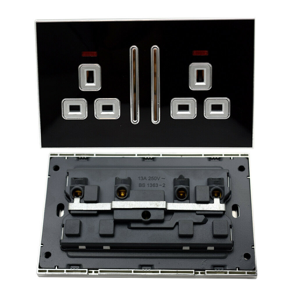 Decorative Black Glossy Main Plug Sockets Full Range Satin Gold Inserts UK~2309 - LEDSone UK Ltd