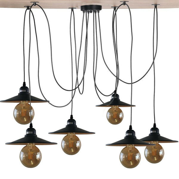 Lámpara colgante de techo de metal, ajustable, estilo araña retro, color negro, de 6 vías, ~1181 – Con bombilla