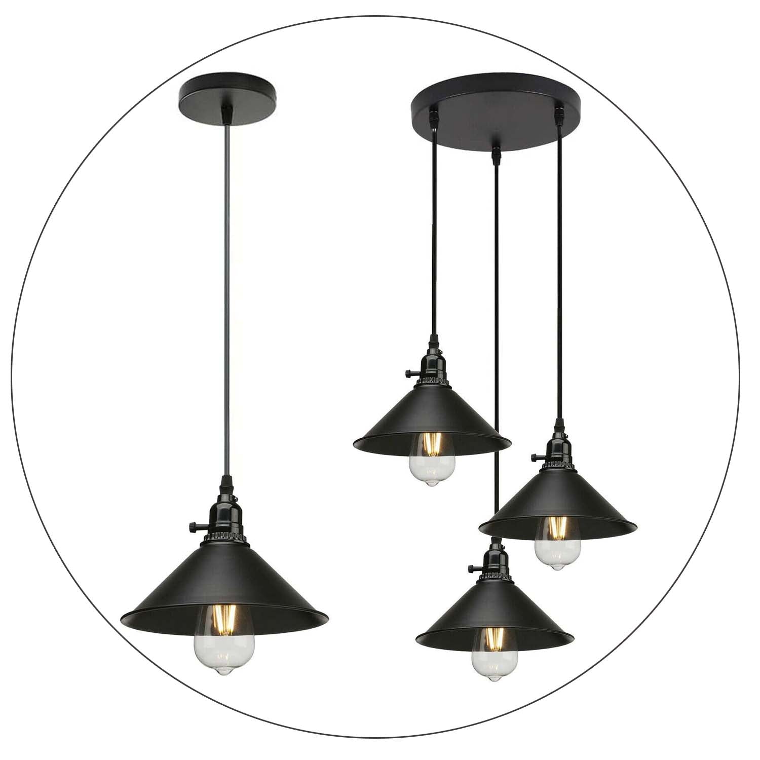 3 Way Vintage Black Ceiling Pendant Light Metal Retro Loft Hang Lampshade