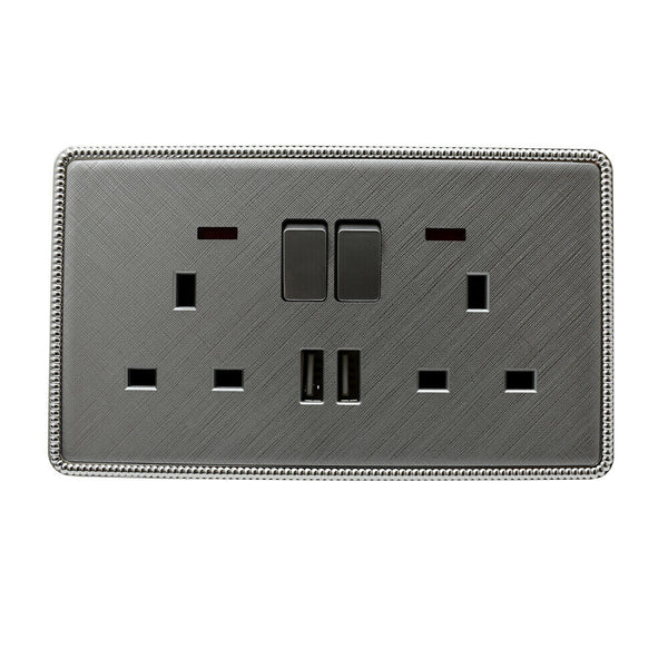 Brushed Chrome Screwless Light Switches & Socket~2454 – 2 Gang Socket With USB