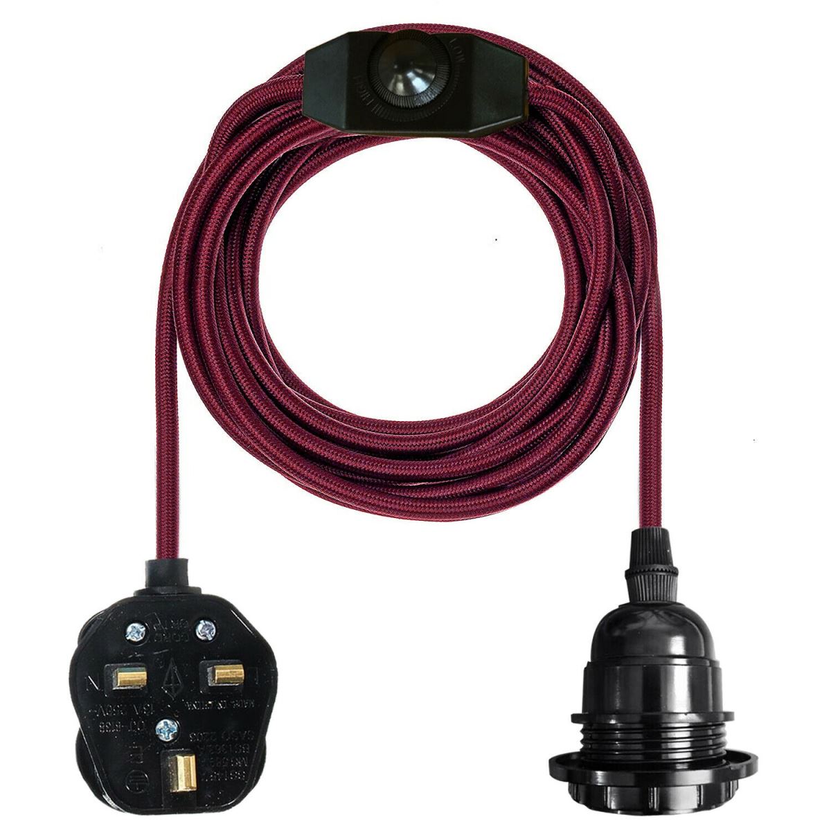 Burgundy Color Dimmer Switch 4.5m Fabric Flex Cable Plug In Pendant Lamp E27 Holder~2588 - LEDSone UK Ltd