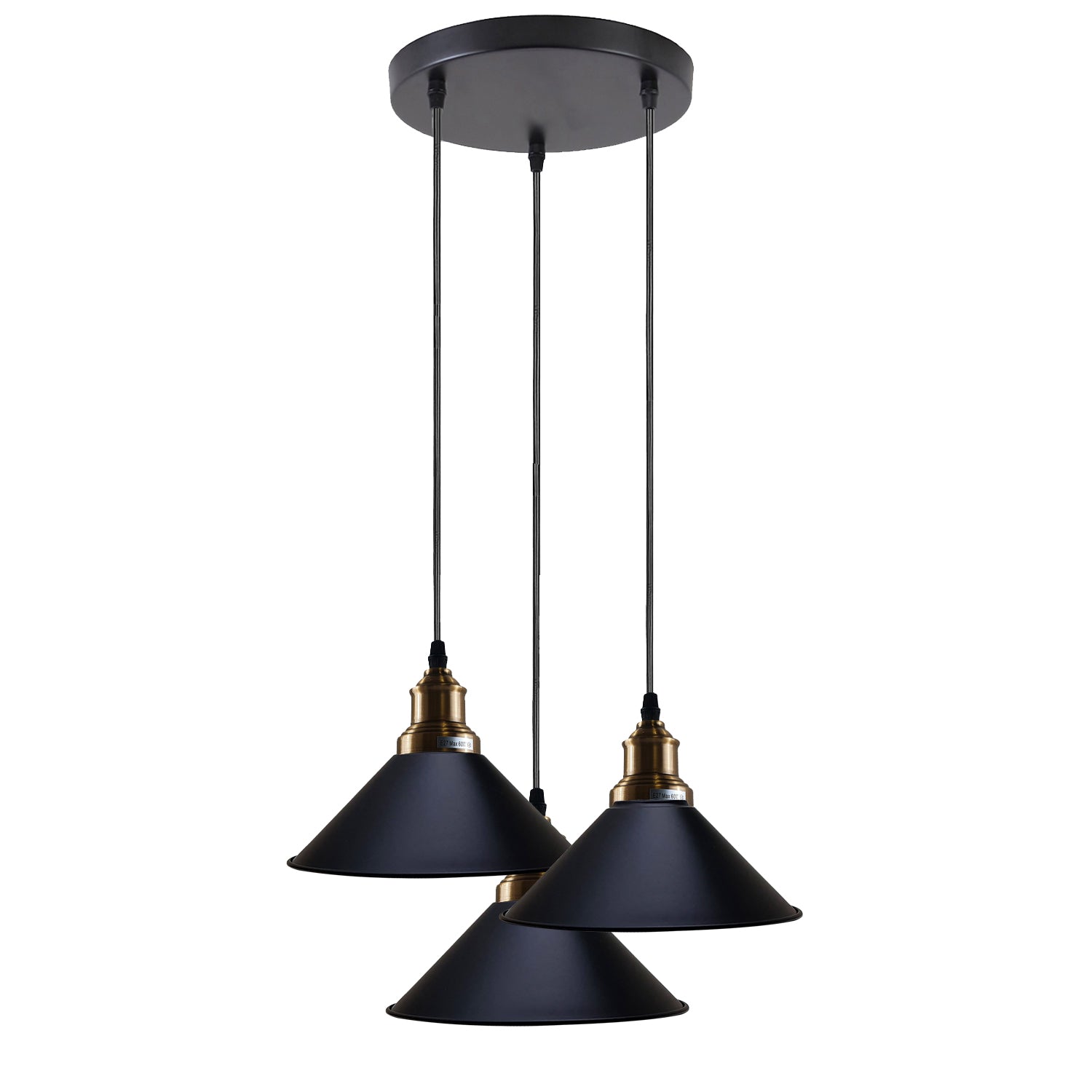 Black 3 Way Pendant Light Fixture Cone Shade Hanging Pendant Ceiling Lights~1492 - LEDSone UK Ltd