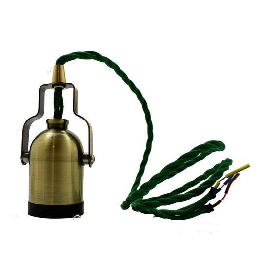 E27 Green Brass Colour Bell Handle Holder Fabric 3 Core Twished Army Green Colour 1m Cable Pendant Set~2161 - LEDSone UK Ltd